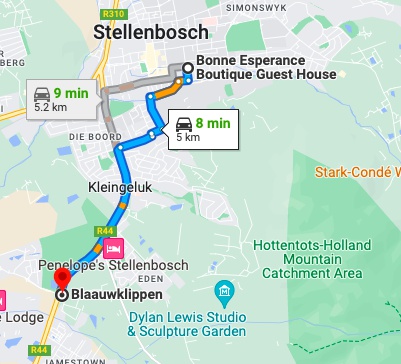 Directions from Bonne Esperance Boutique Guest House to Blaauwklippen for Chocolate and wine pairing